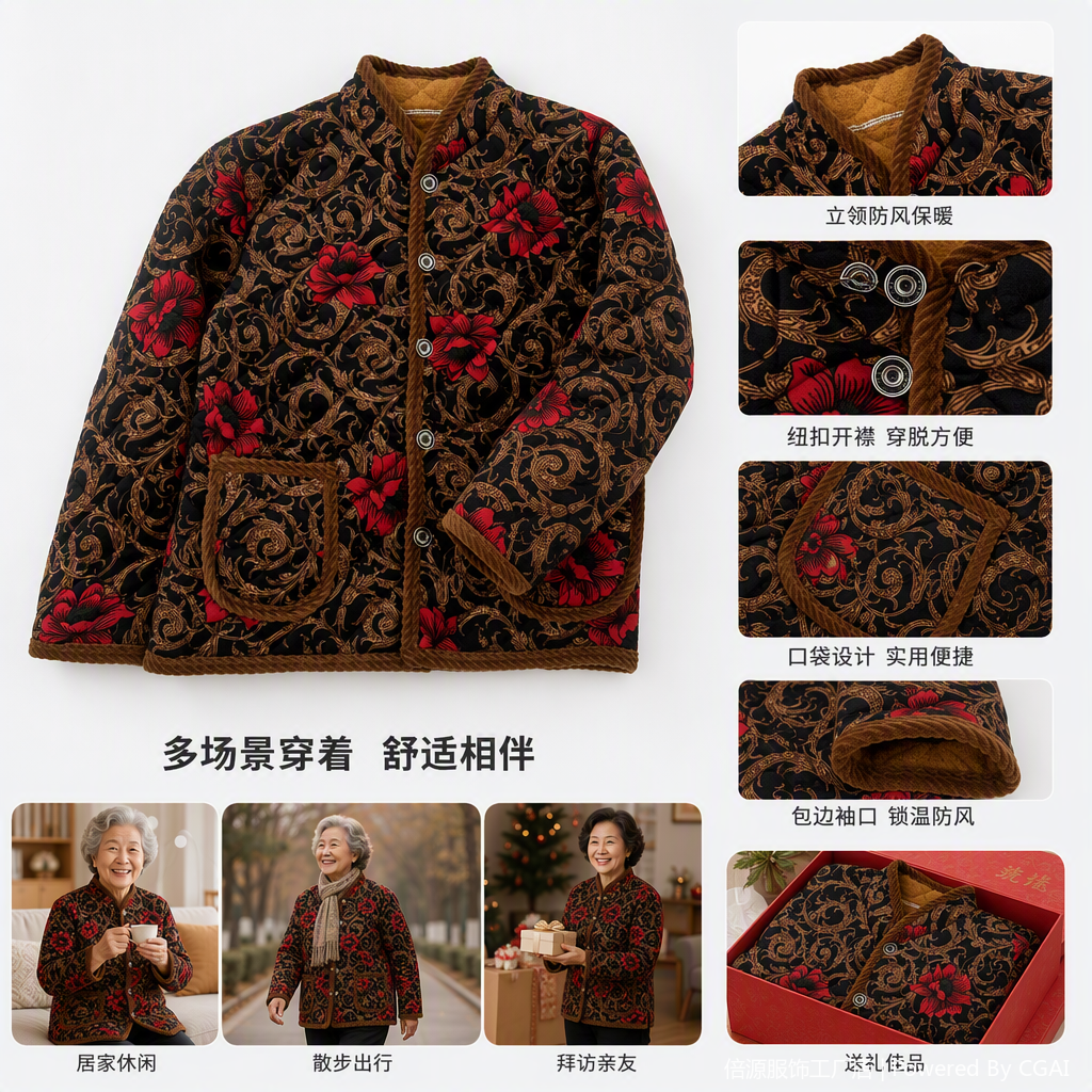 Fashionable and warm cotton-padded jacket, brown and red patterned thickened winter coat for women, new autumn and winter style