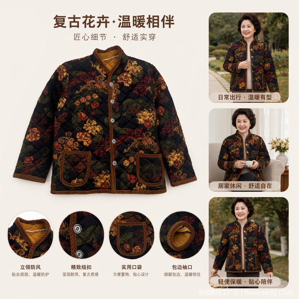 Fashionable dark floral patterned warm cotton-padded jacket, new autumn and winter style, light and comfortable coat, trendy and versatile for women