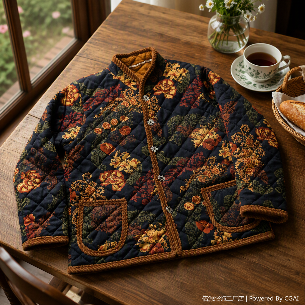 أنماط أزهار داكنة اللون فاتحة اللون ومليئة بمعطف لطيف ومريح details Picture