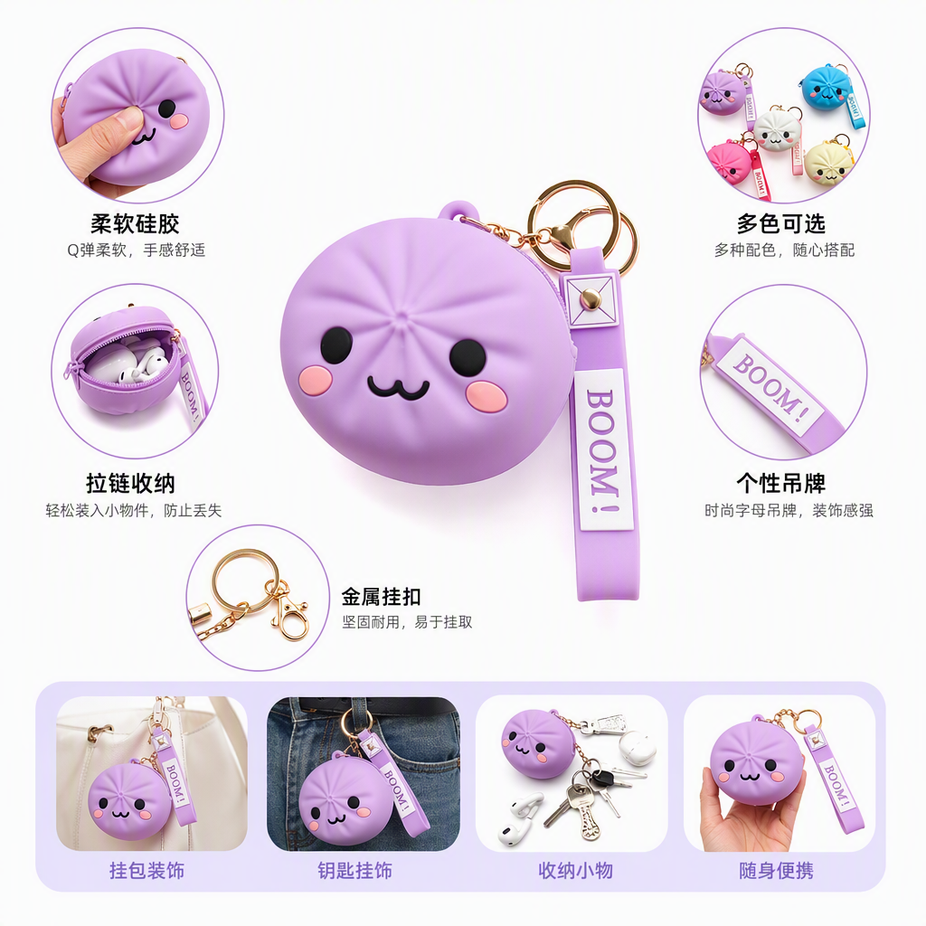 Colorful cartoon steamed bun-shaped key chain, creative and cute keychain pendant, gift and accessory, trendy and versatile