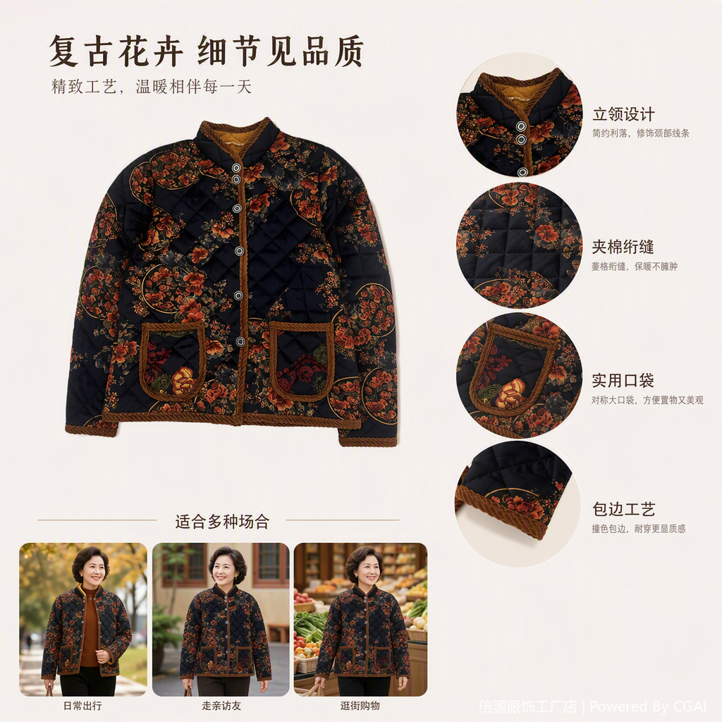 Fashionable and warm cotton-padded jacket with deep blue floral patterns, light and comfortable, a must-have for winter for women, thickened version