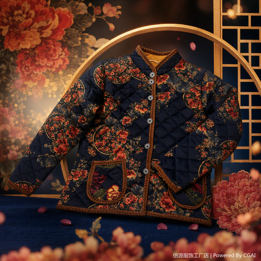 Fashionable and warm cotton-padded jacket with deep blue floral patterns, light and comfortable, a must-have for winter for women, thickened version Specification image
