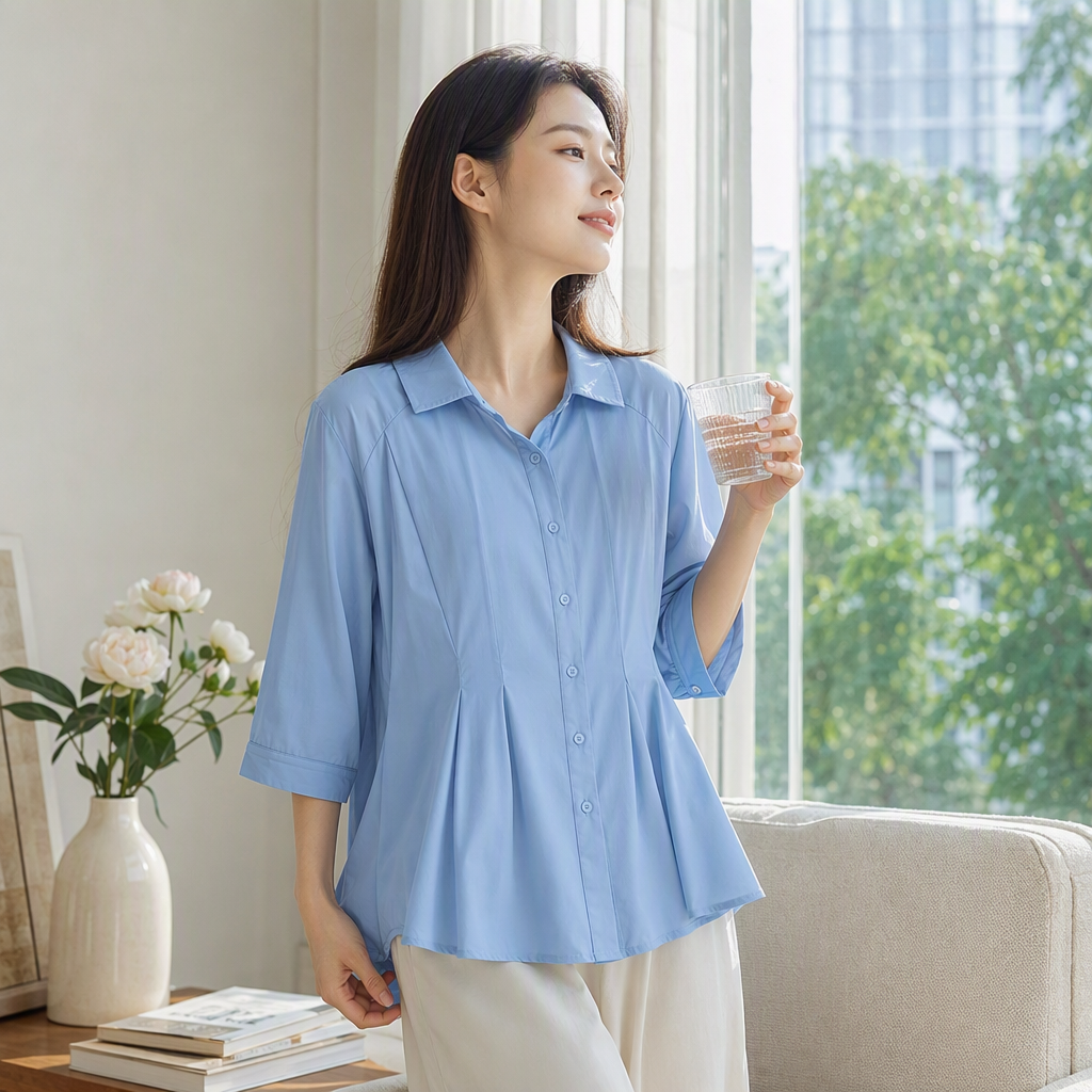Korean-style simple and versatile solid-color long-sleeved women's shirt, spring and autumn casual loose top, student base shirt Specification image
