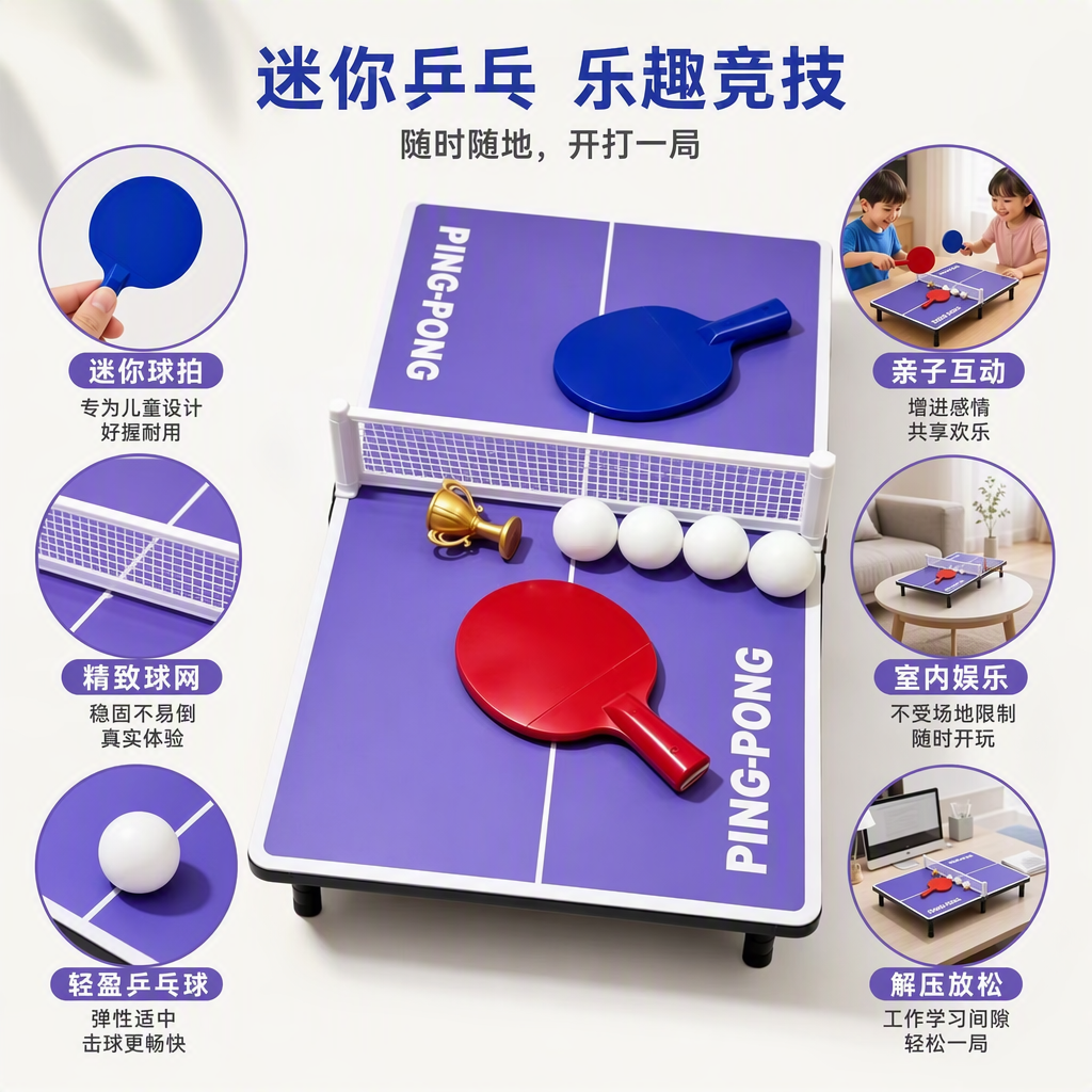 Purple ping-pong table with blue and red rackets, white ping-pong balls and golden trophies - special sports equipment for competitions