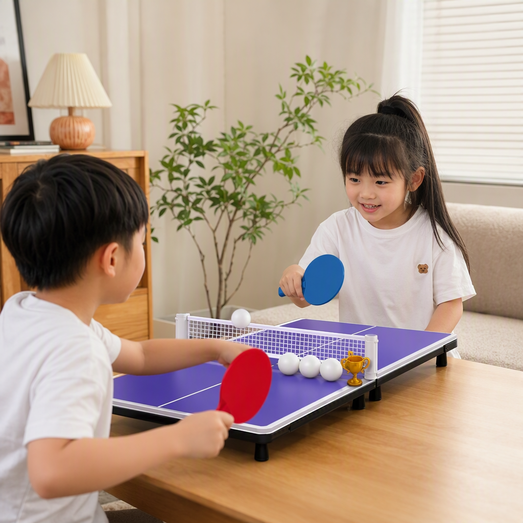 Purple ping-pong table with blue and red rackets, white ping-pong balls and golden trophies - special sports equipment for competitions details Picture