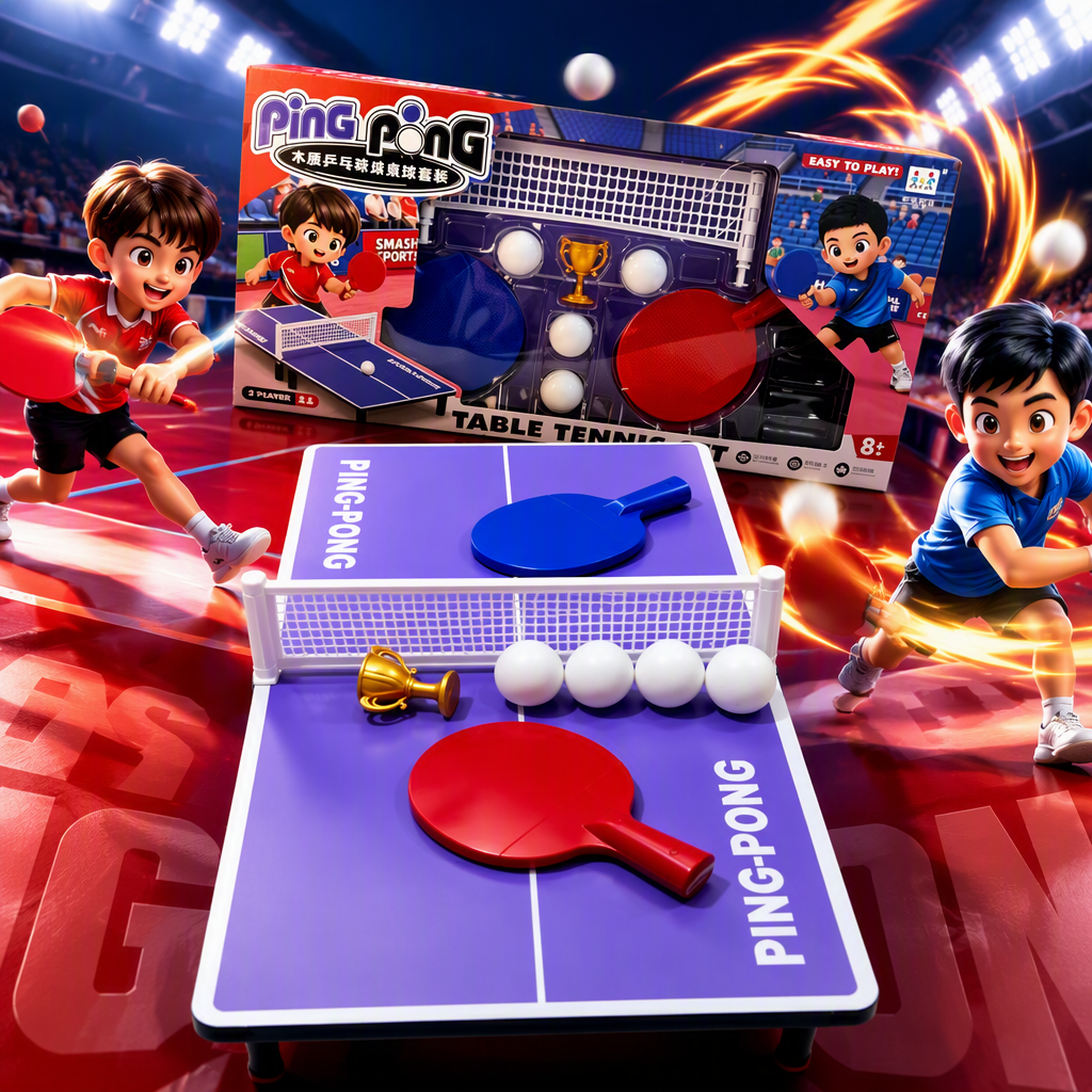 Purple ping-pong table with blue and red rackets, white ping-pong balls and golden trophies - special sports equipment for competitions Specification image