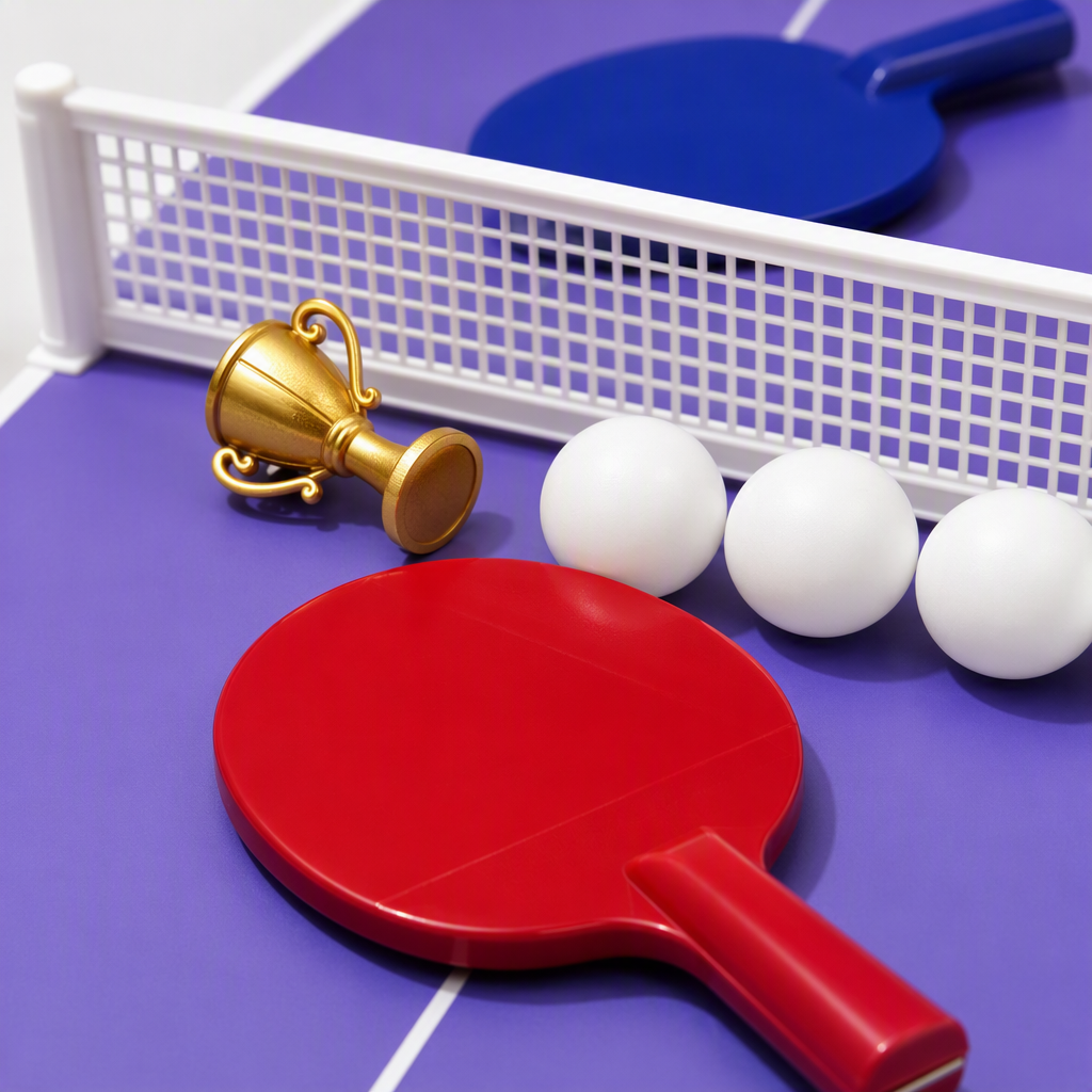 Purple ping-pong table with blue and red rackets, white ping-pong balls and golden trophies - special sports equipment for competitions Application Scenario