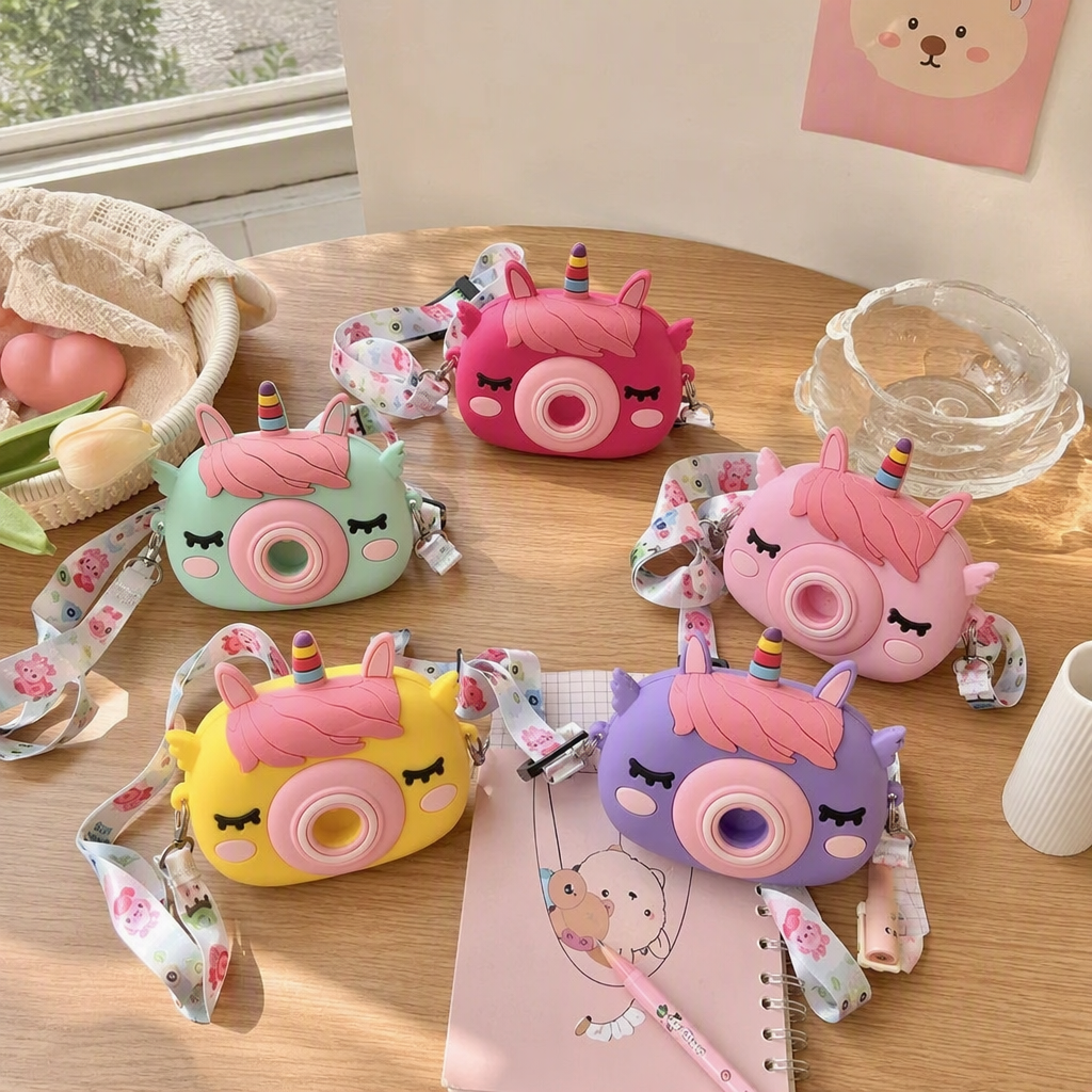 Colorful unicorn-shaped camera bag, children's cartoon, cute, portable, anti-drop, trendy and fashionable bag, a gift for girls details Picture