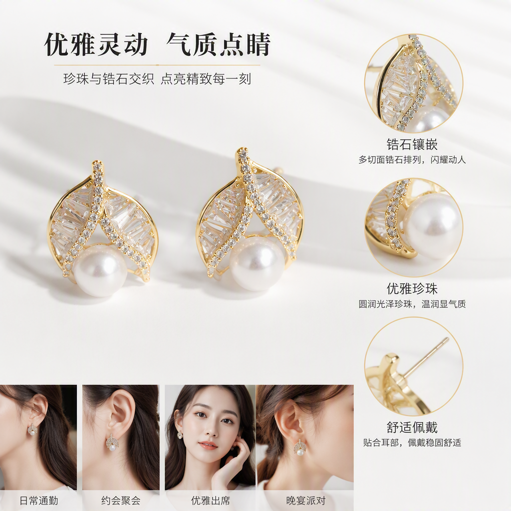 金色叶子设计珍珠耳钉简约优雅气质百搭耳饰女款时尚耳饰品