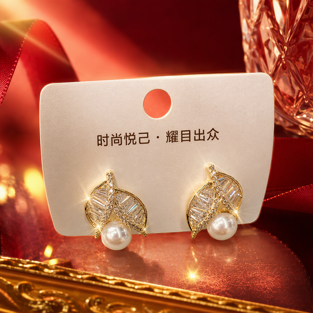 金色叶子珍珠耳钉细节图