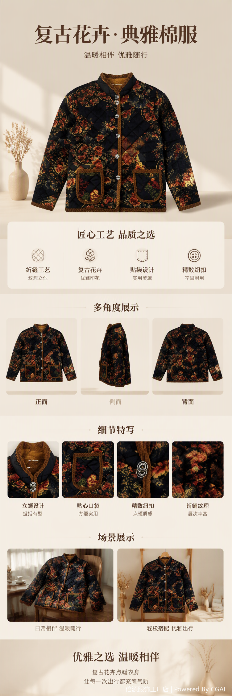 Fashionable and warm cotton-padded jacket with deep blue floral patterns, light and comfortable, a must-have for winter for women, thickened version pic 1