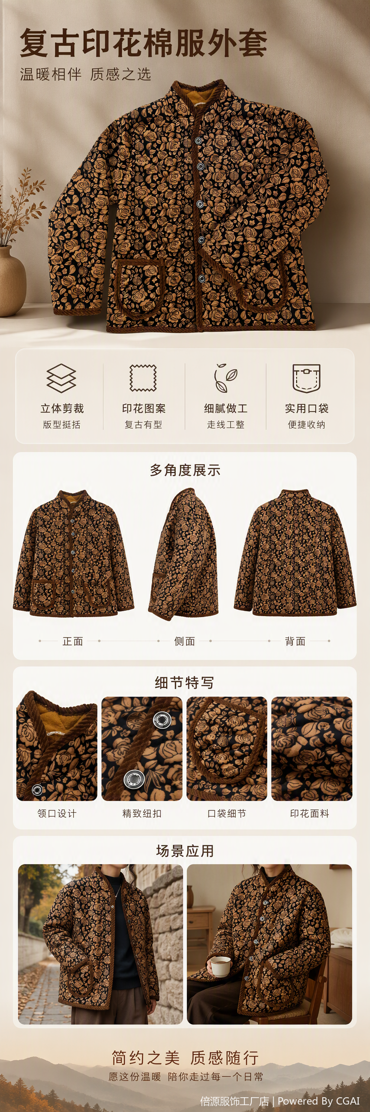 Fashionable cotton-padded jacket for autumn and winter, with brown flower pattern, black base, thickened and fleece, for women pic 1