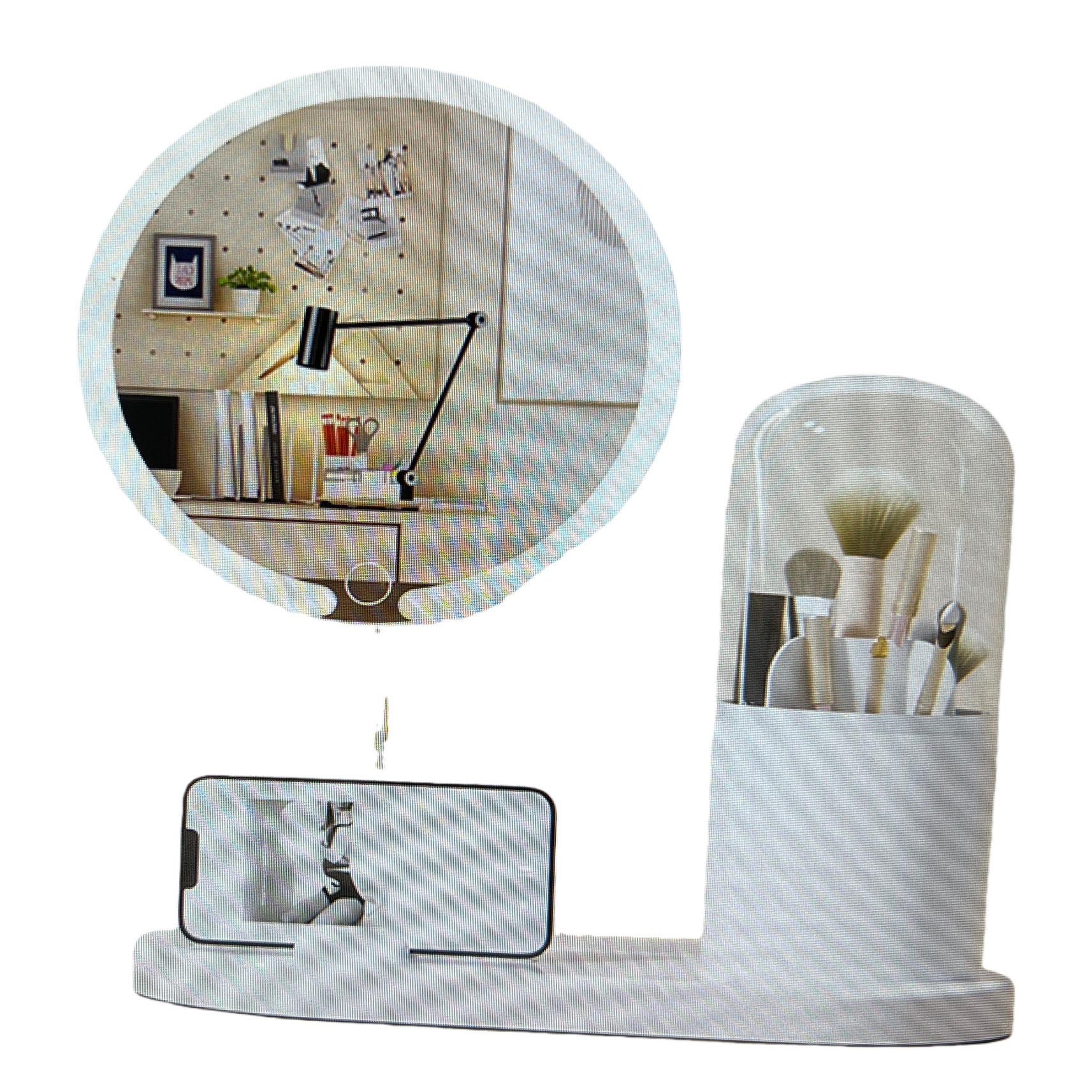 A multi-functional white desktop storage rack with a round mirror surface, a mobile phone stand and a makeup brush holder, a simple storage item Item Picture