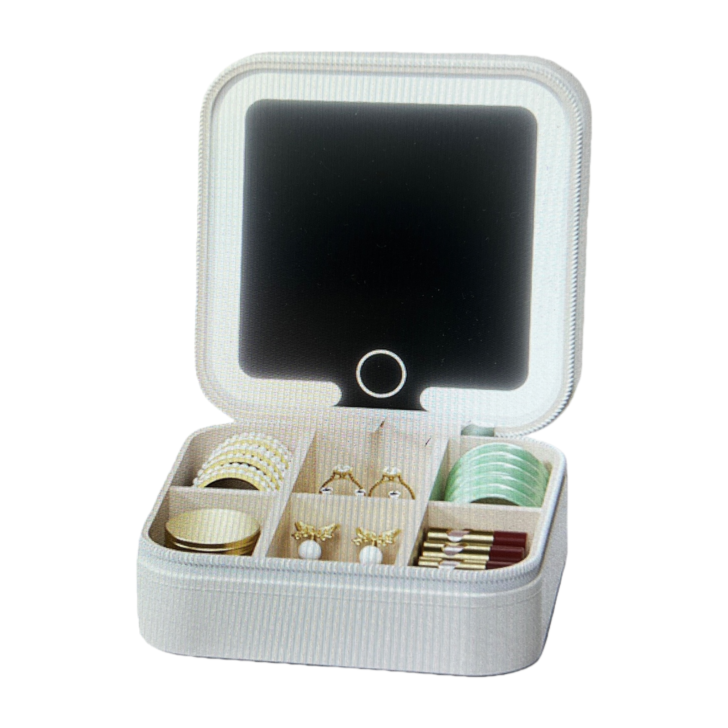 White illuminated makeup mirror portable storage box, multi-functional desktop makeup table mirror, makeup supplies organization and storage box set Item Picture