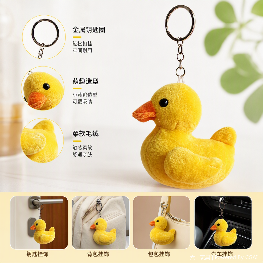 Cute yellow duckling plush pendant, animal keychain accessory, wholesale available for export, animal cultural and creative decoration, cartoon yellow duckling acrylic key chain, Mother's Day gift, creative keychain accessory, Song brocade style handcrafted pendant Specification image