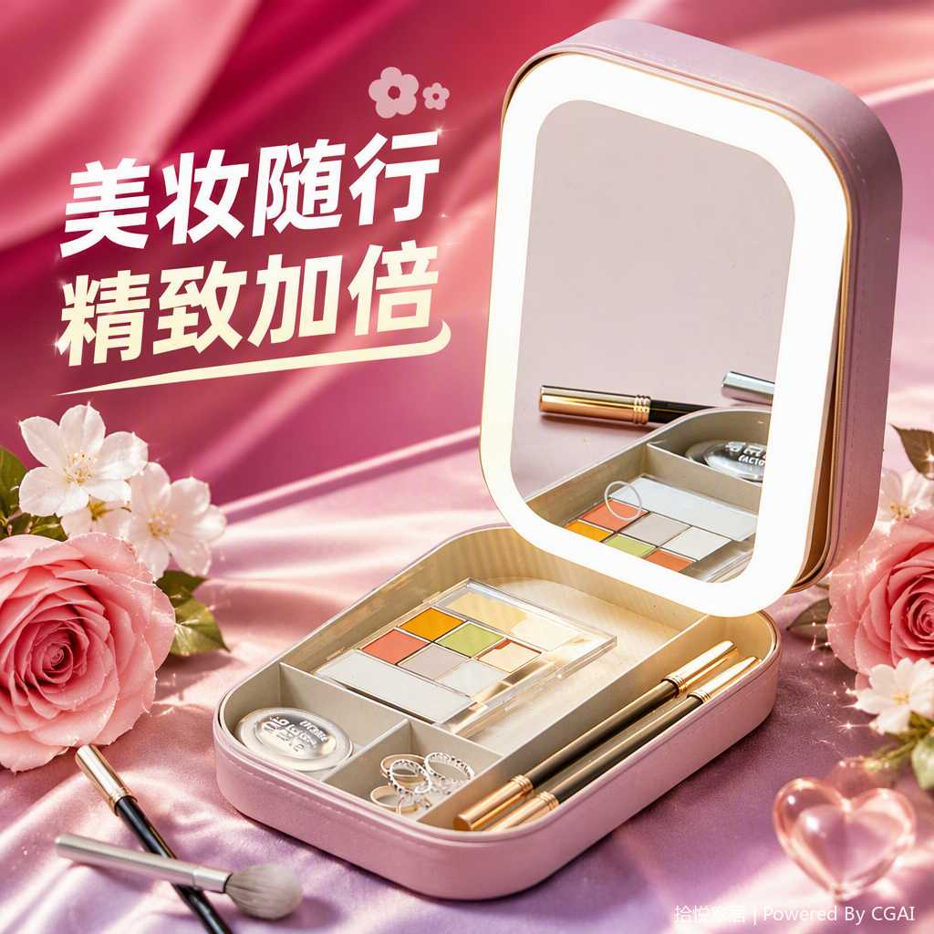 Pink portable makeup mirror, folding mini portable makeup mirror, portable and portable makeup supplies, beauty tools, essential for girls Specification image