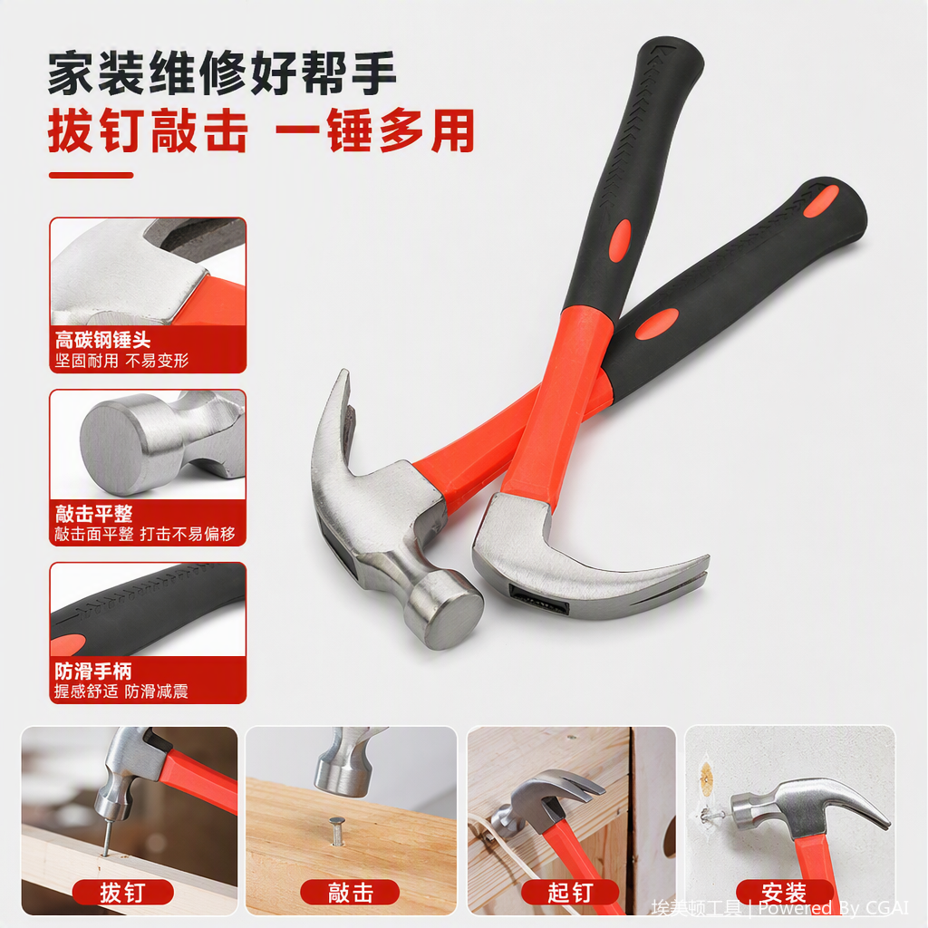 Multi-functional hand hammer, a household industrial hardware tool, is durable for hammering, repairing and maintaining details Picture