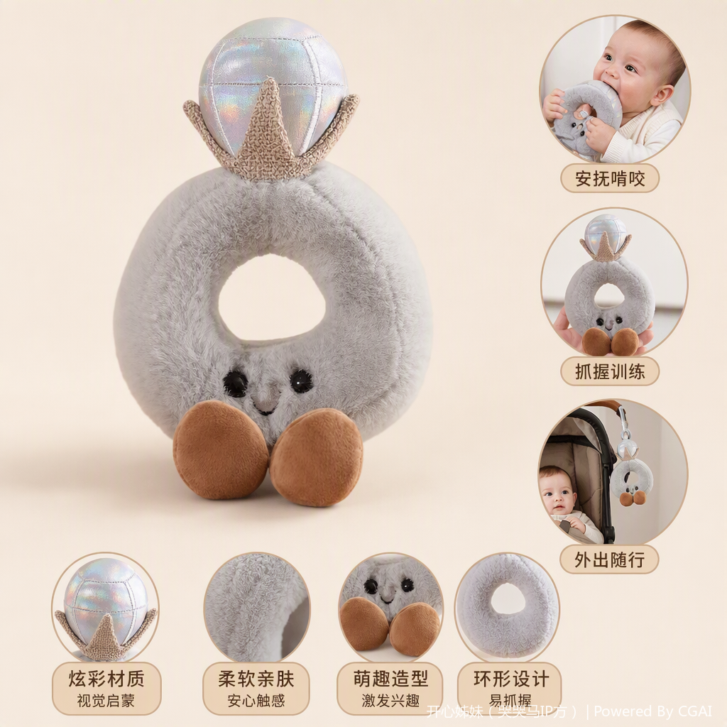 A grey plush ring-shaped doll is a fun toy