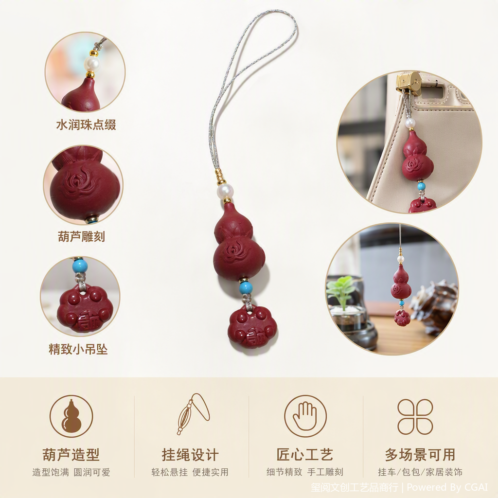 红色葫芦挂饰珍珠蓝珠点缀福字小兽造型吉祥装饰品礼品赠送