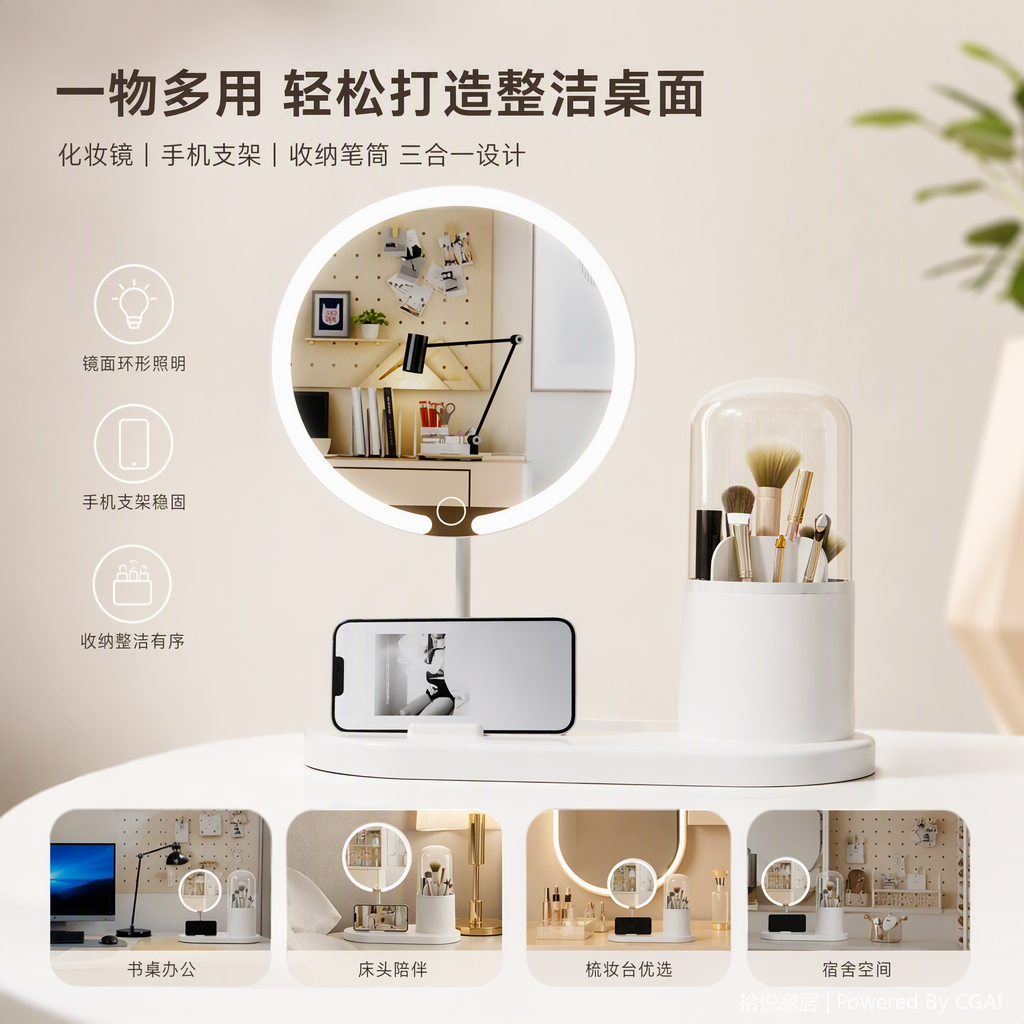 A multi-functional white desktop storage rack with a round mirror surface, a mobile phone stand and a makeup brush holder, a simple storage item