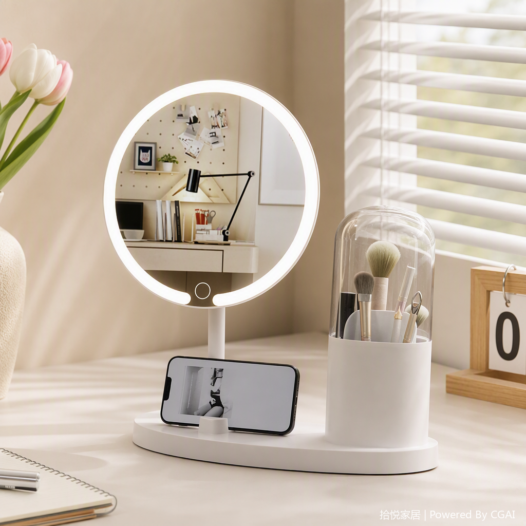 A multi-functional white desktop storage rack with a round mirror surface, a mobile phone stand and a makeup brush holder, a simple storage item details Picture