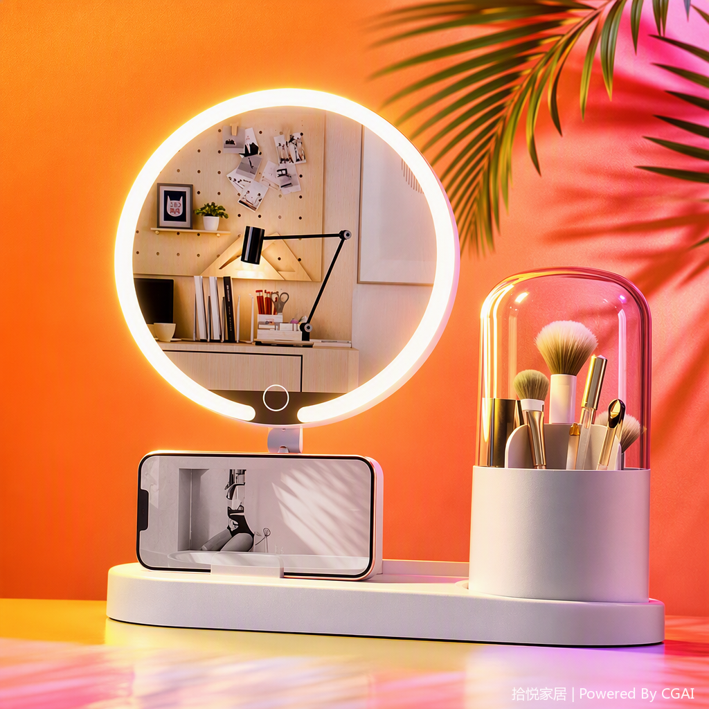 A multi-functional white desktop storage rack with a round mirror surface, a mobile phone stand and a makeup brush holder, a simple storage item Specification image