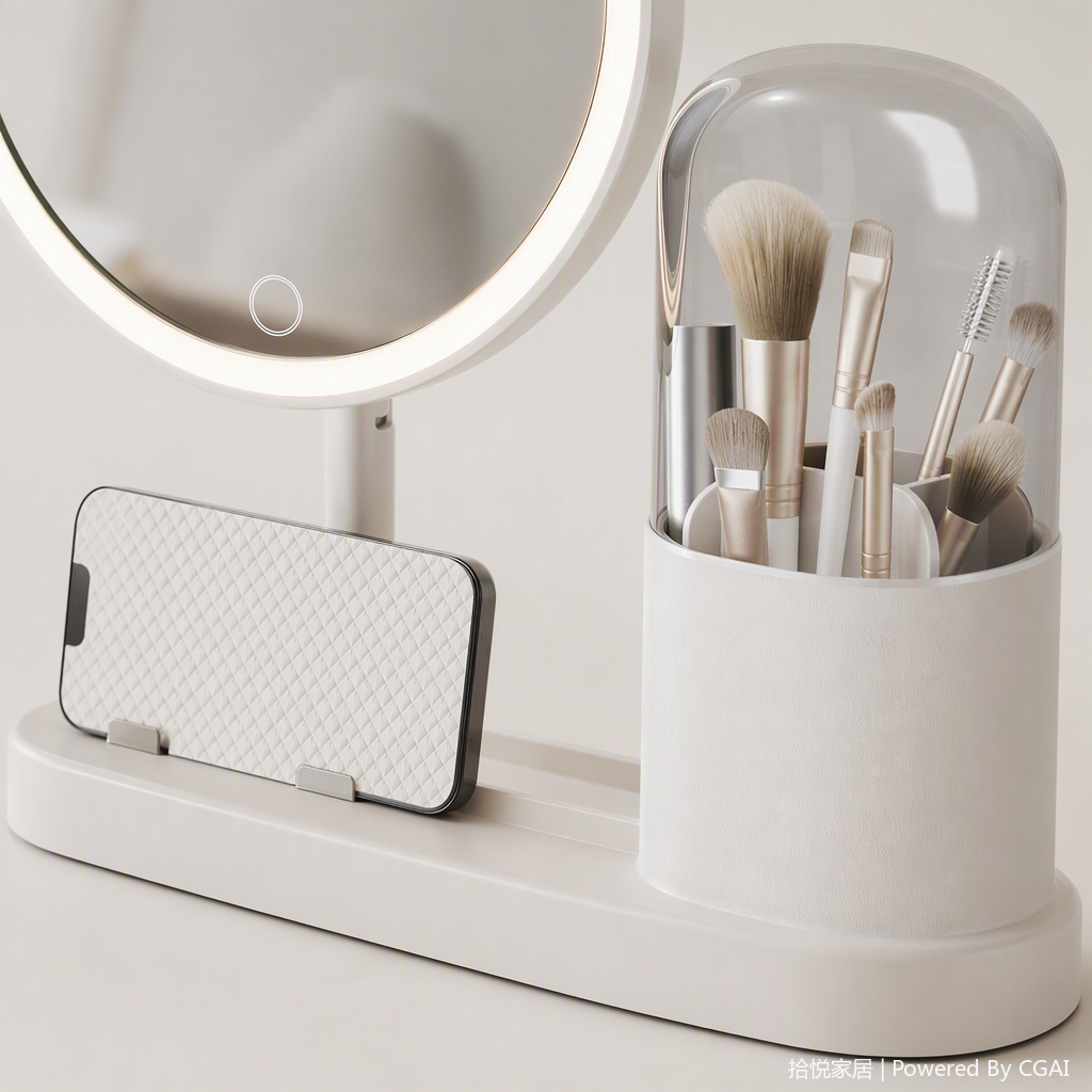 A multi-functional white desktop storage rack with a round mirror surface, a mobile phone stand and a makeup brush holder, a simple storage item Application Scenario
