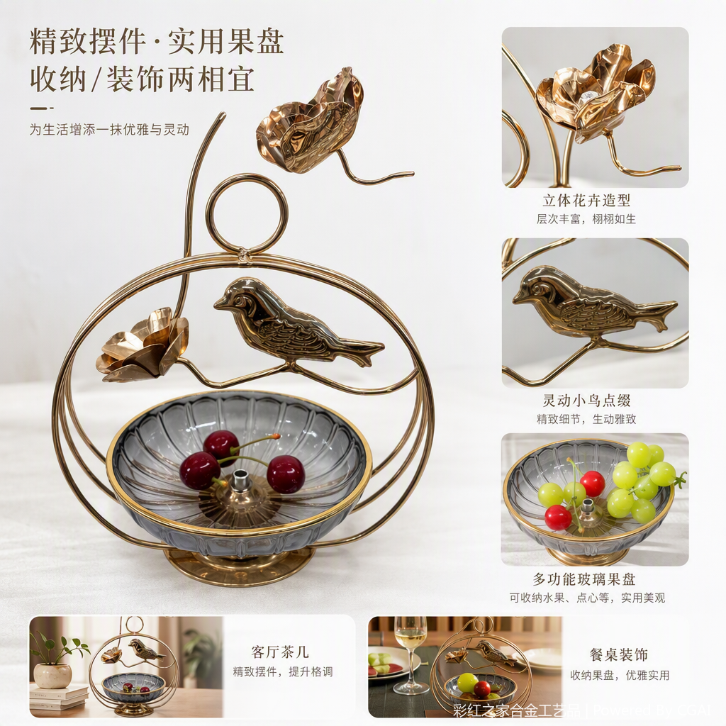 金色鸟形装饰架配玻璃果盘创意摆件家居装饰餐桌收纳用品精品工艺