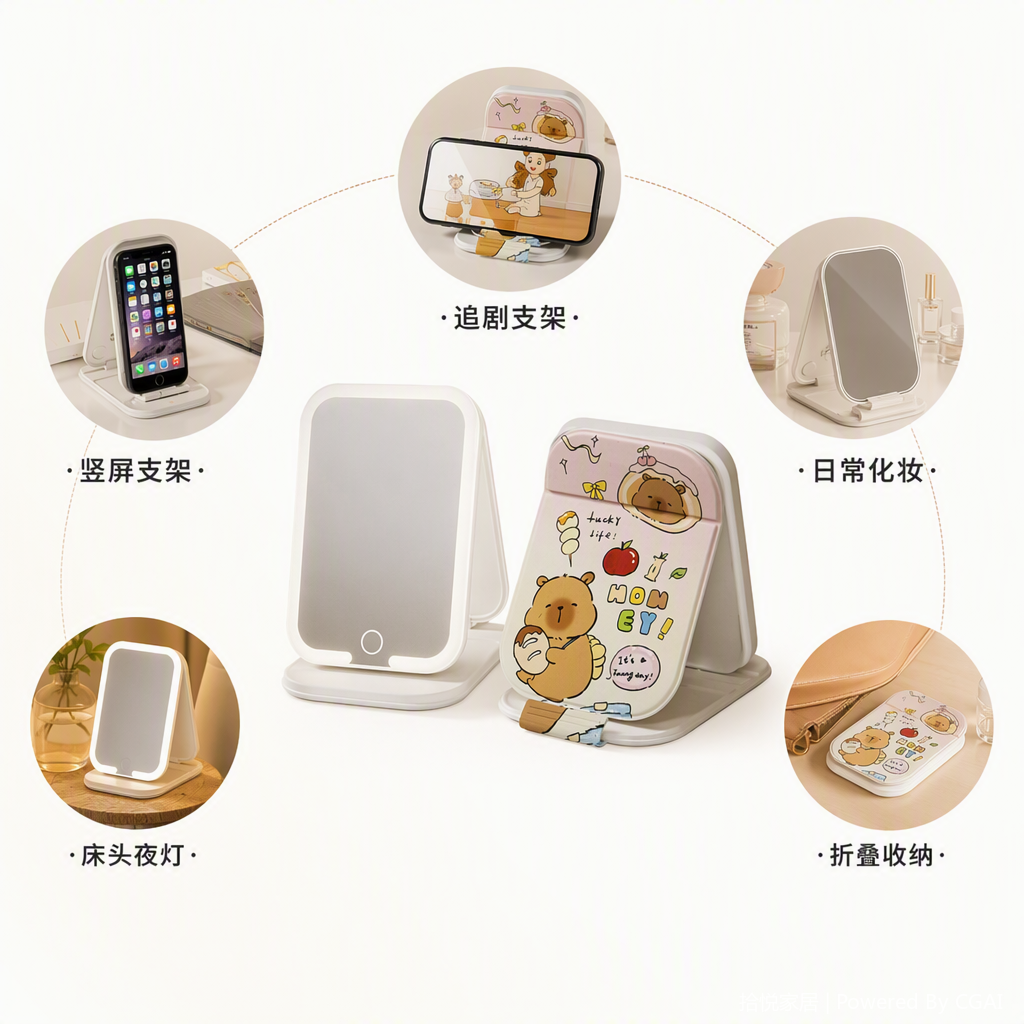 Cute pink cartoon bear pattern portable makeup mirror, a small and practical gift for girls' makeup products