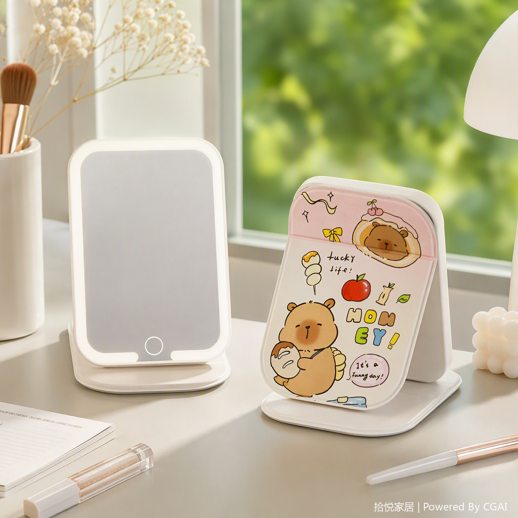 Cute pink cartoon bear pattern portable makeup mirror, a small and practical gift for girls' makeup products details Picture
