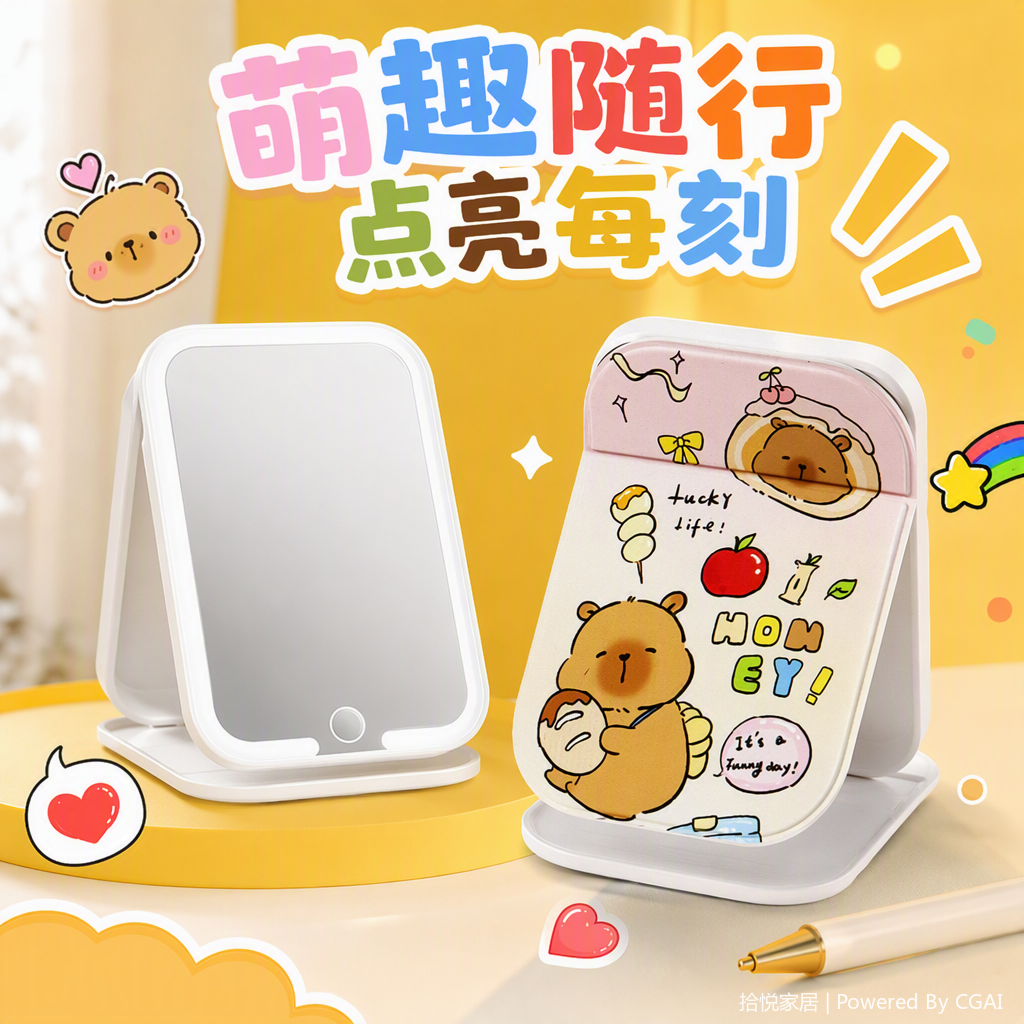 Cute pink cartoon bear pattern portable makeup mirror, a small and practical gift for girls' makeup products Specification image
