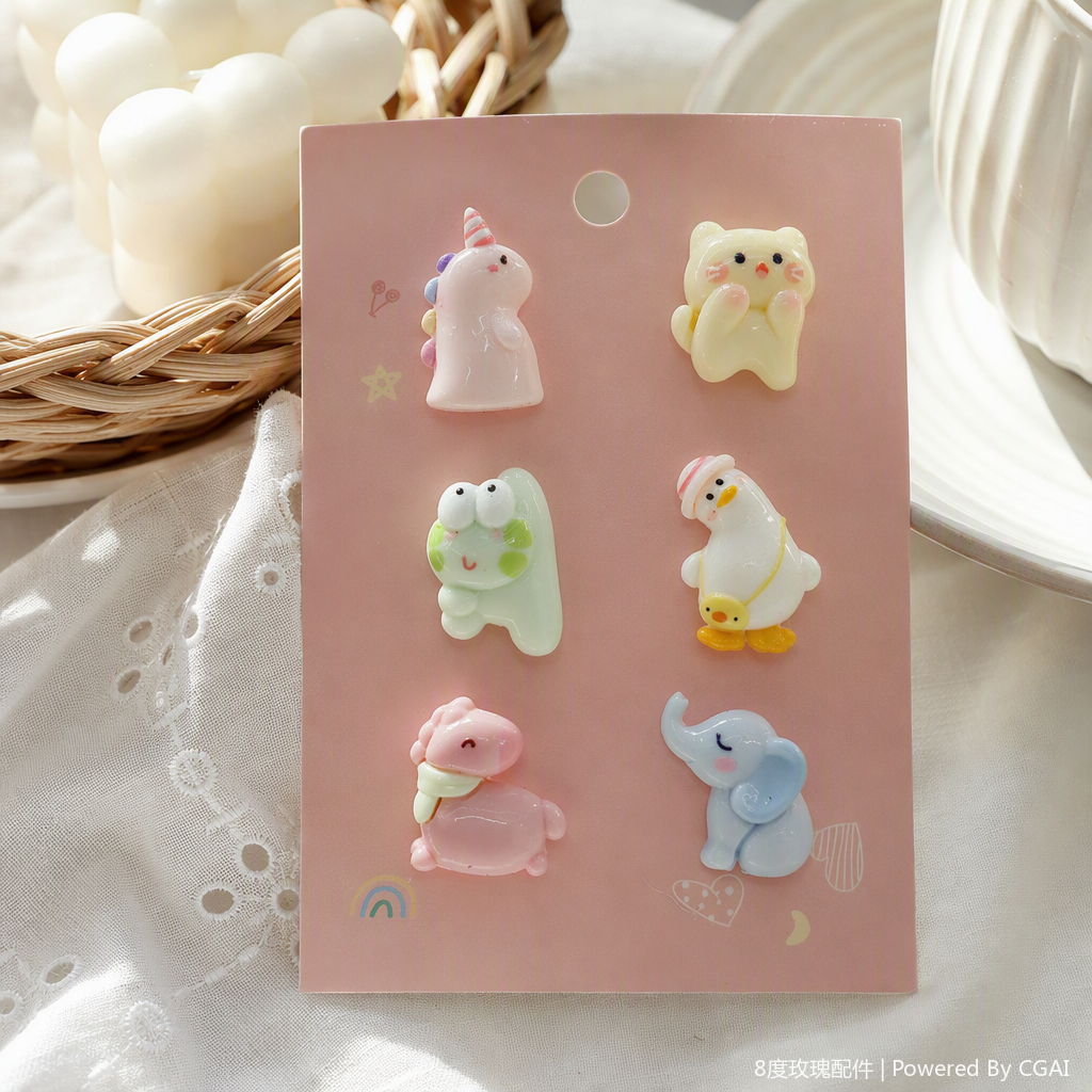 Six cute animal-shaped pendants with pink card decorations: creative gifts featuring unicorns, cats, frogs, ducks, ponies and elephants details Picture