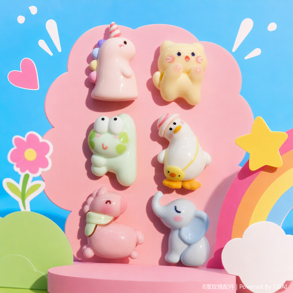 Six cute animal-shaped pendants with pink card decorations: creative gifts featuring unicorns, cats, frogs, ducks, ponies and elephants Specification image
