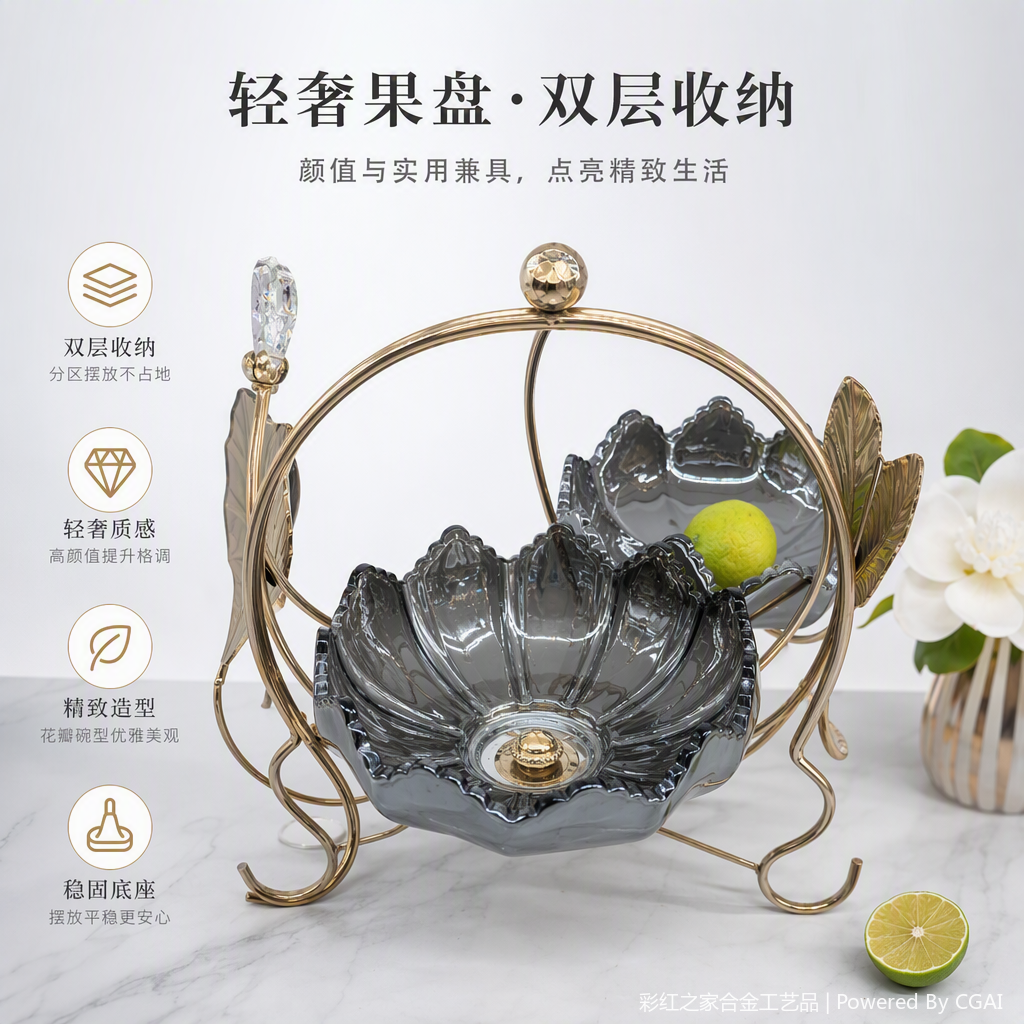 时尚灰色花瓣造型玻璃果盘创意家居餐桌装饰水果盘简约雅致