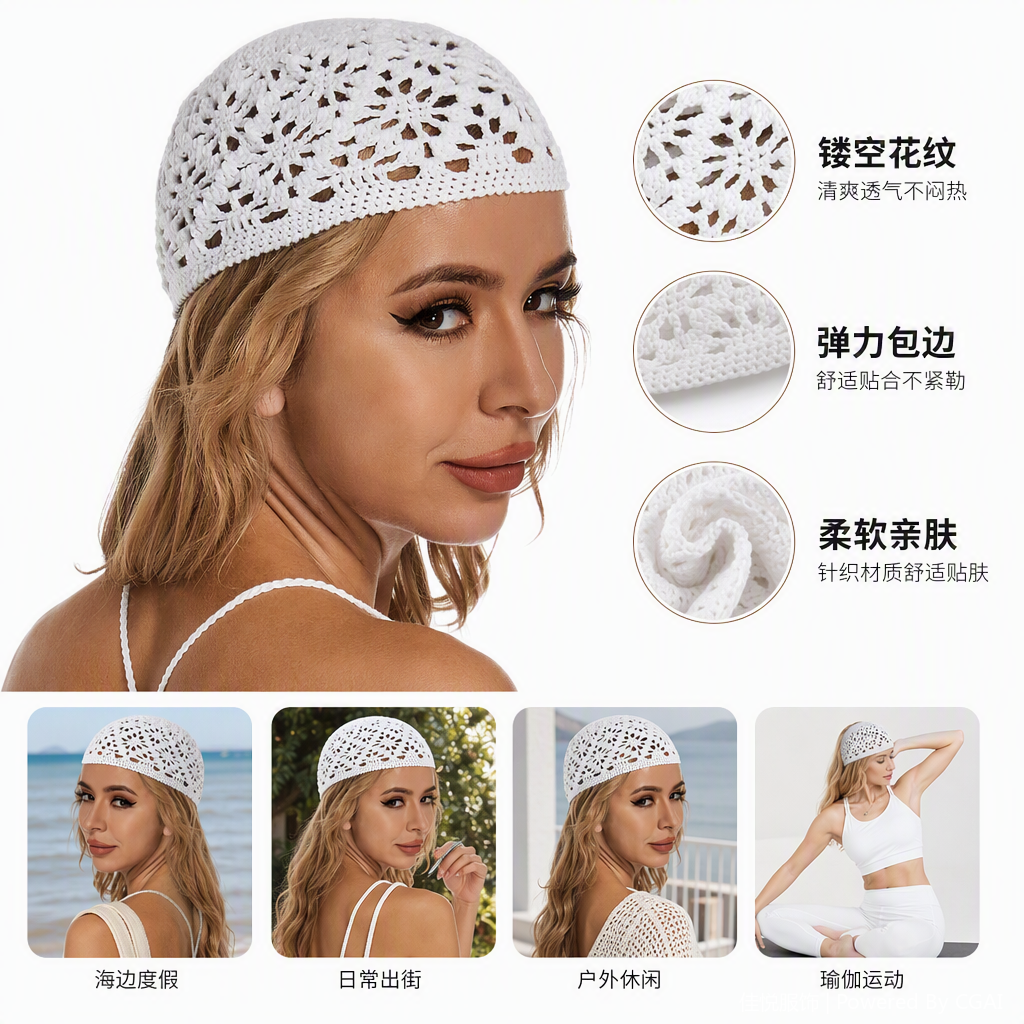 The white hollowed-out crochet headscarf is a fashionable, versatile, soft and comfortable accessory for women to wear on their heads