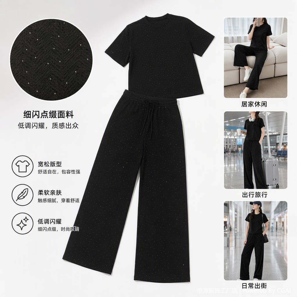 A fashionable black polka dot casual top and trousers two-piece set, versatile, loose and slimming, trendy women's style