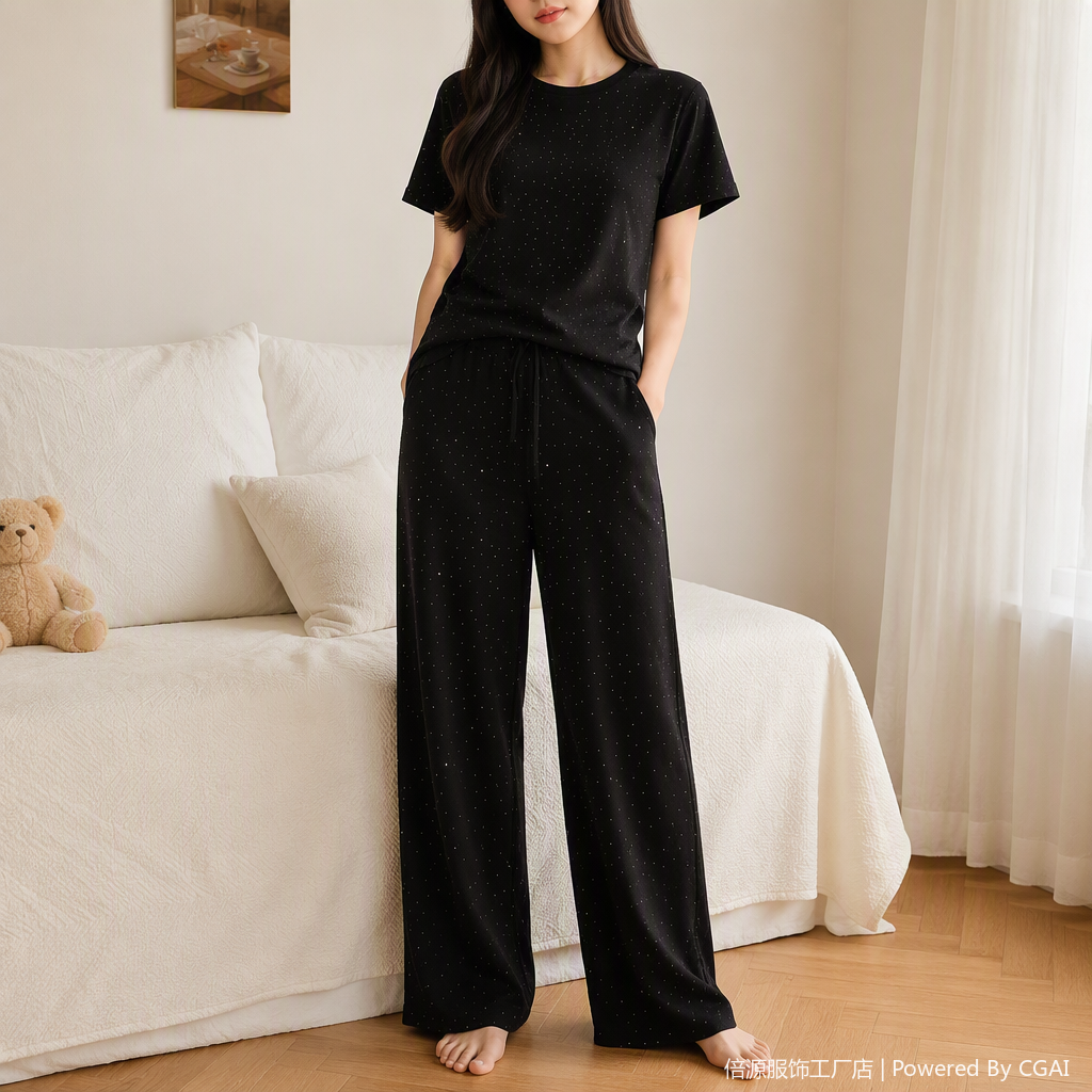 Moda negro wave dot casual traje tops pantalones dos piezas versátil suelto adelgazar tendencia mujer details Picture
