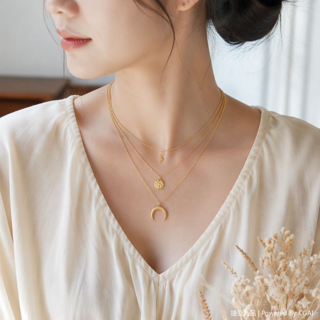 金色三层项链+颈饰展示架产品图