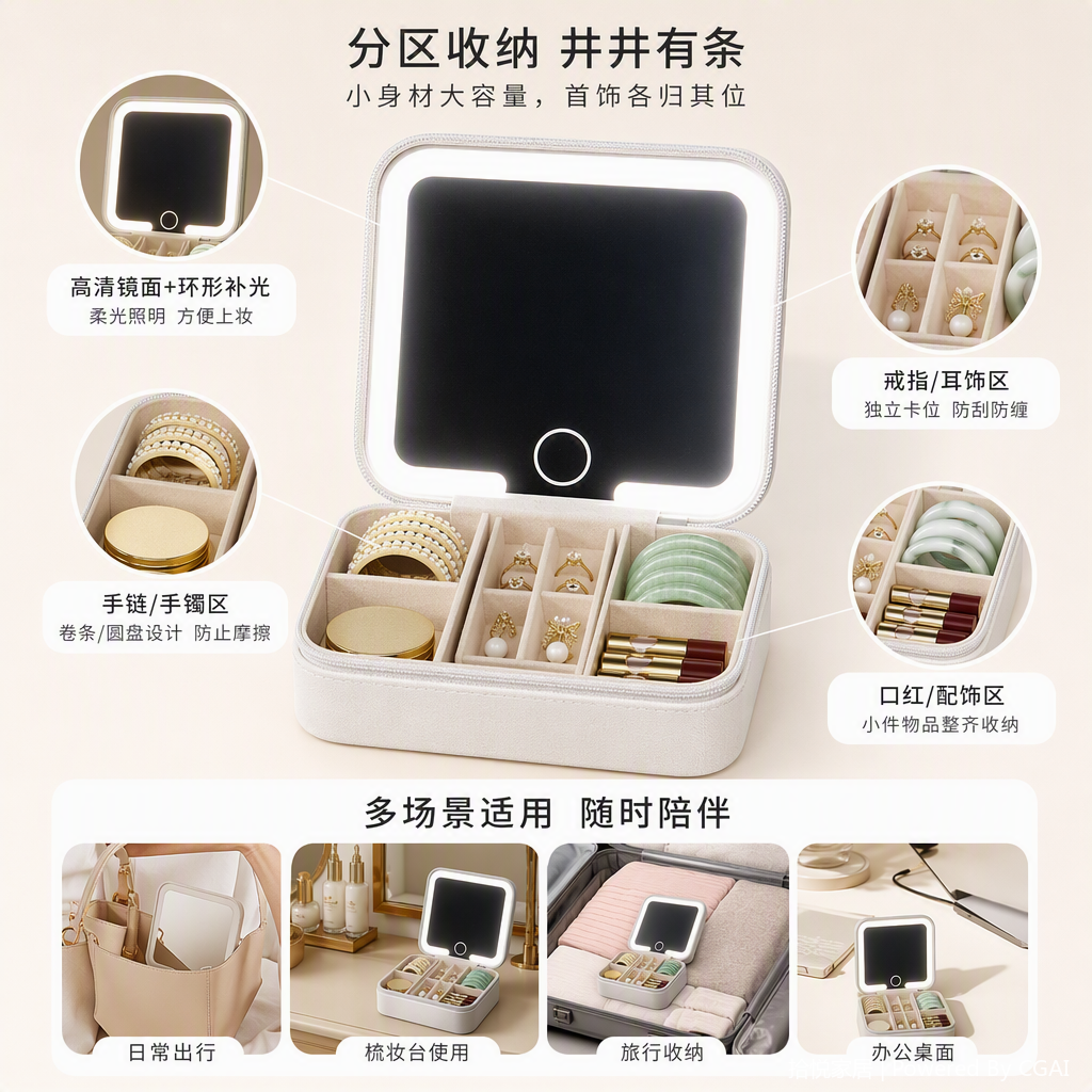 White illuminated makeup mirror portable storage box, multi-functional desktop makeup table mirror, makeup supplies organization and storage box set