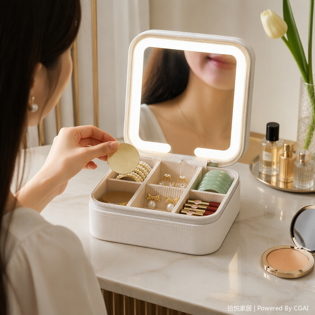 White illuminated makeup mirror portable storage box, multi-functional desktop makeup table mirror, makeup supplies organization and storage box set details Picture