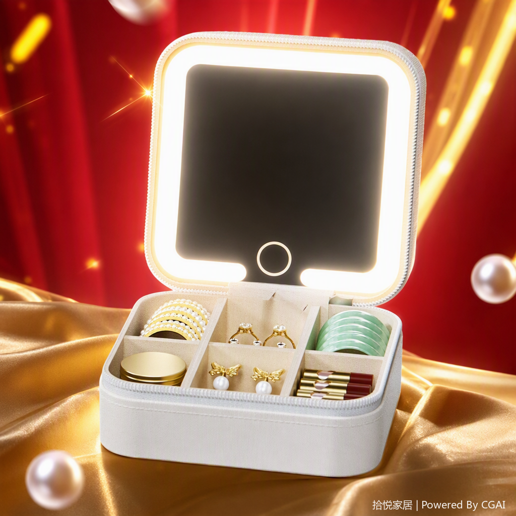 White illuminated makeup mirror portable storage box, multi-functional desktop makeup table mirror, makeup supplies organization and storage box set Specification image