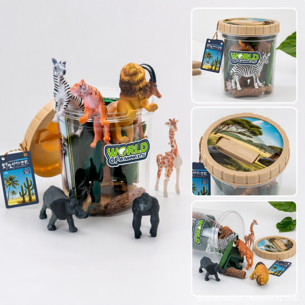 Transparent plastic storage bucket, wildlife model set, 13 pieces, scene accessories, children's toys, educational and enlightenment