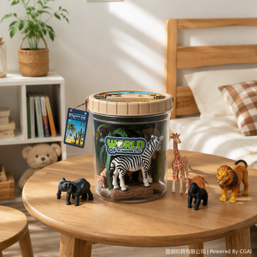 Transparent plastic storage bucket, wildlife model set, 13 pieces, scene accessories, children's toys, educational and enlightenment details Picture