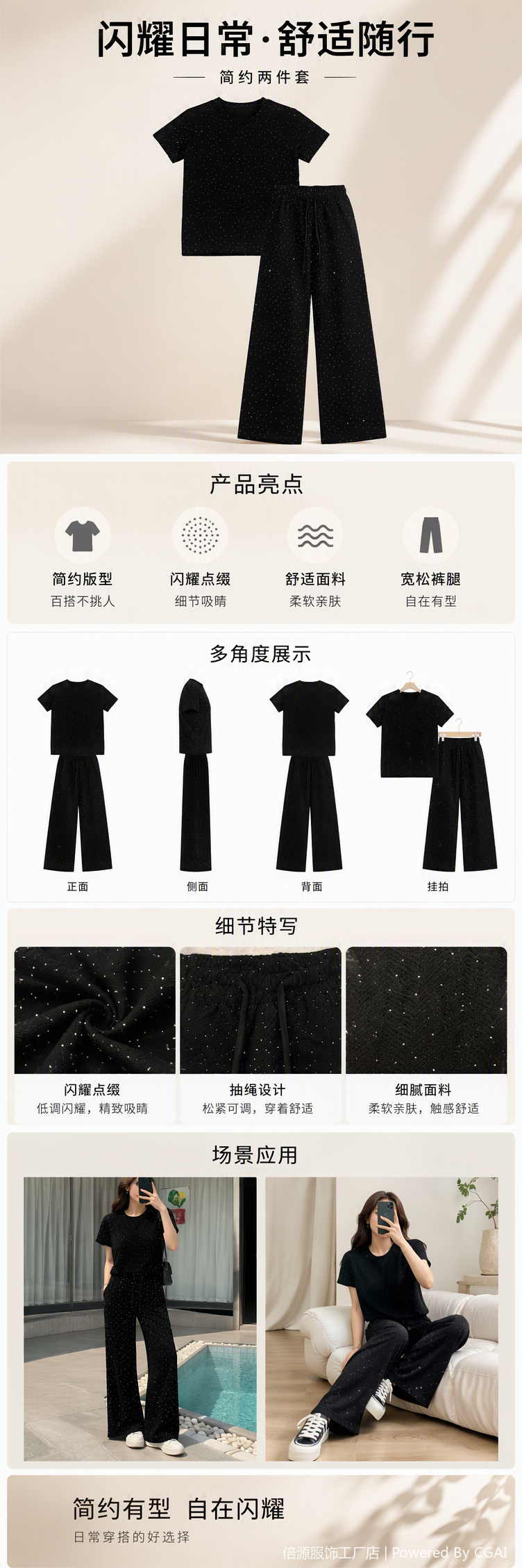 Moda negro wave dot casual traje tops pantalones dos piezas versátil suelto adelgazar tendencia mujer pic 1