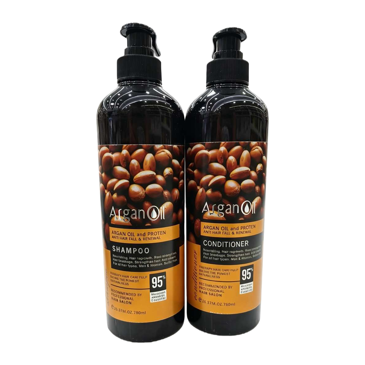 Nourishing and Repairing Shampoo and Conditioner Set Argan Oil Nut pattern Black bottle with pump head Hair Care combination Item Picture