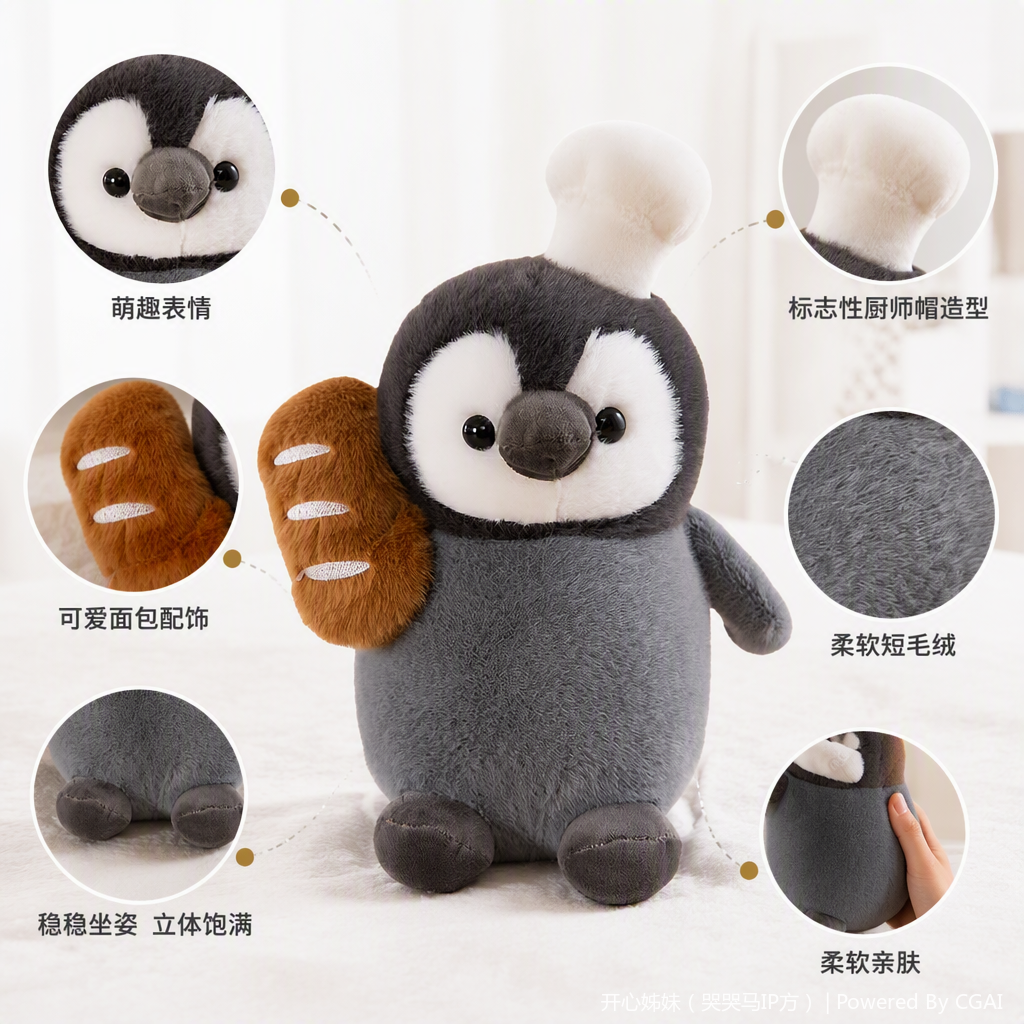 The police plush toy, a grey penguin holding a brown bread-shaped cat, is called the Qimeng Island doll