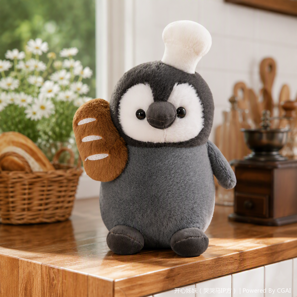 Policía peluche pingüino gris abrazar pan marrón forma gatito sería llamado kinemon island boni details Picture