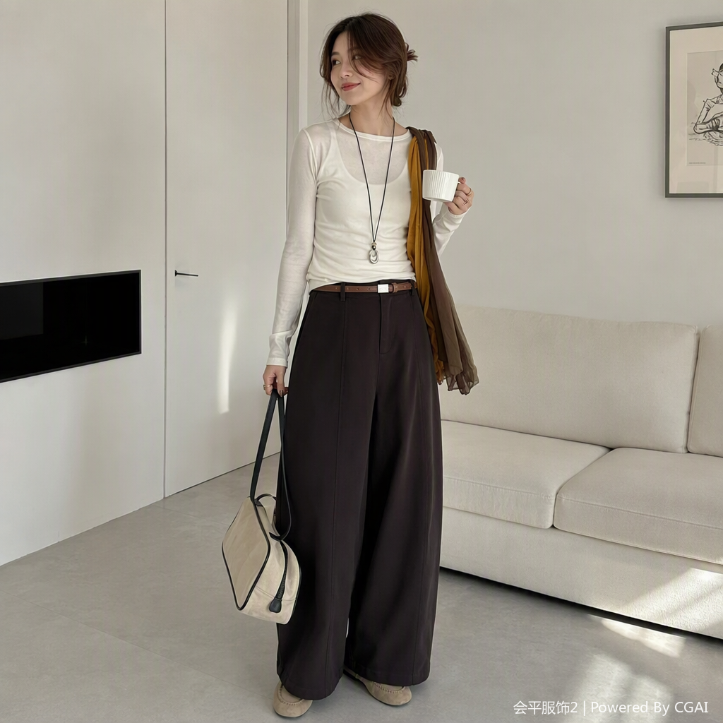 Dark brown loose wide-leg pants are casual, versatile, simple and fashionable. They are a demonstration of trendy street style for people and women's pants details Picture
