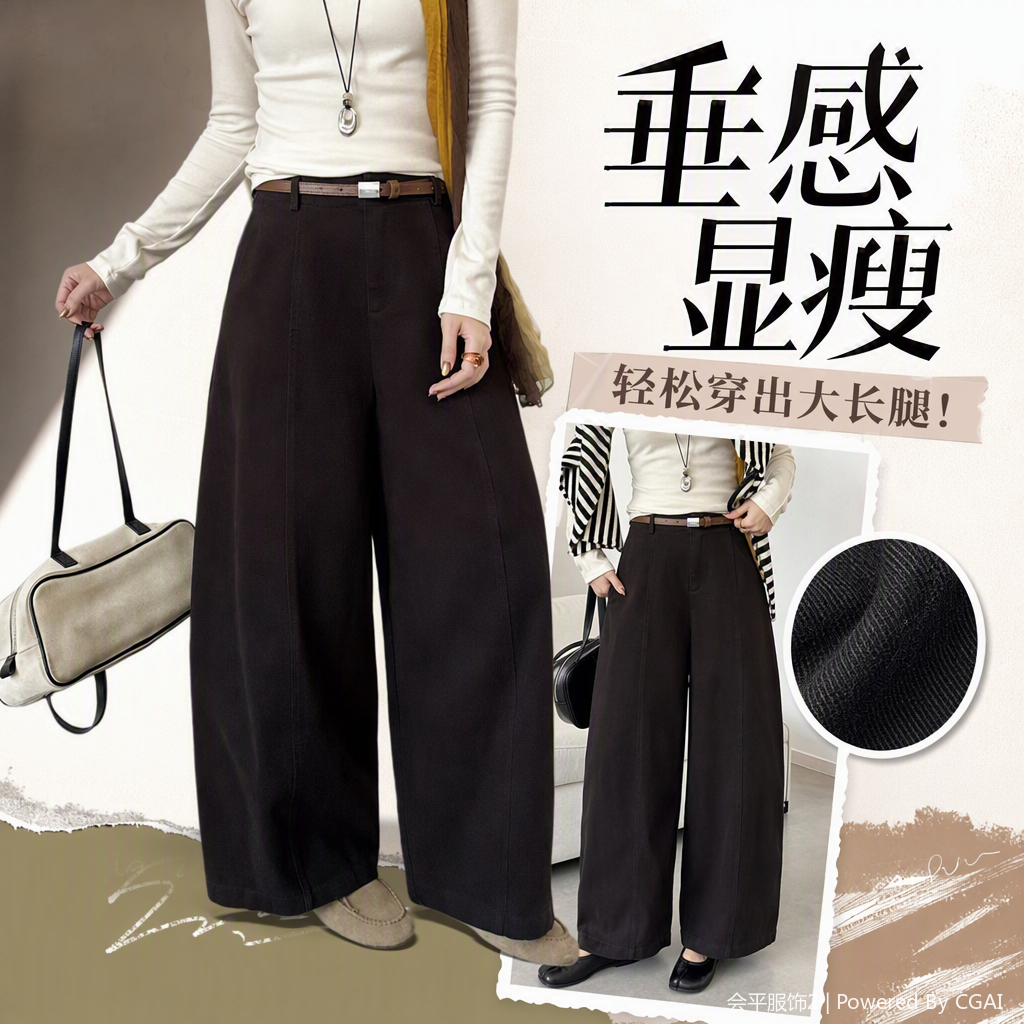 Dark brown loose wide-leg pants are casual, versatile, simple and fashionable. They are a demonstration of trendy street style for people and women's pants Specification image