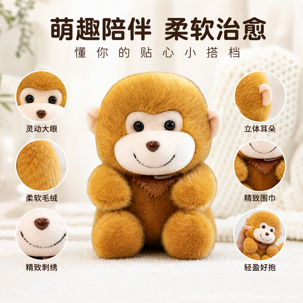 Brown plush monkey doll, Nepalese wool felt simulation cat backpack, 20 cm cultural and creative doll matching clothes